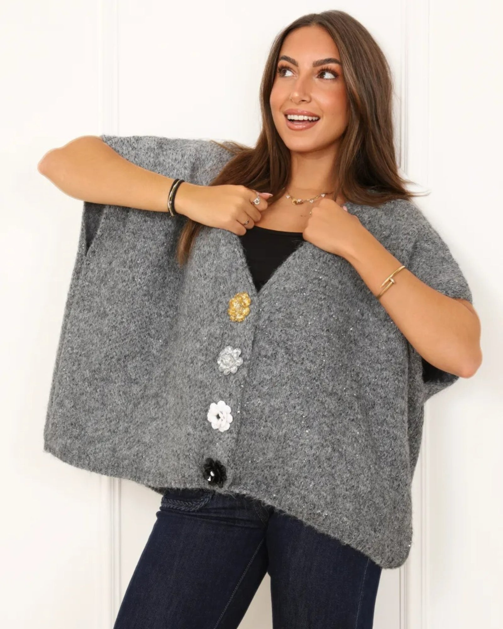 Gilet oversize Lola Flower avec maxi boutons gris