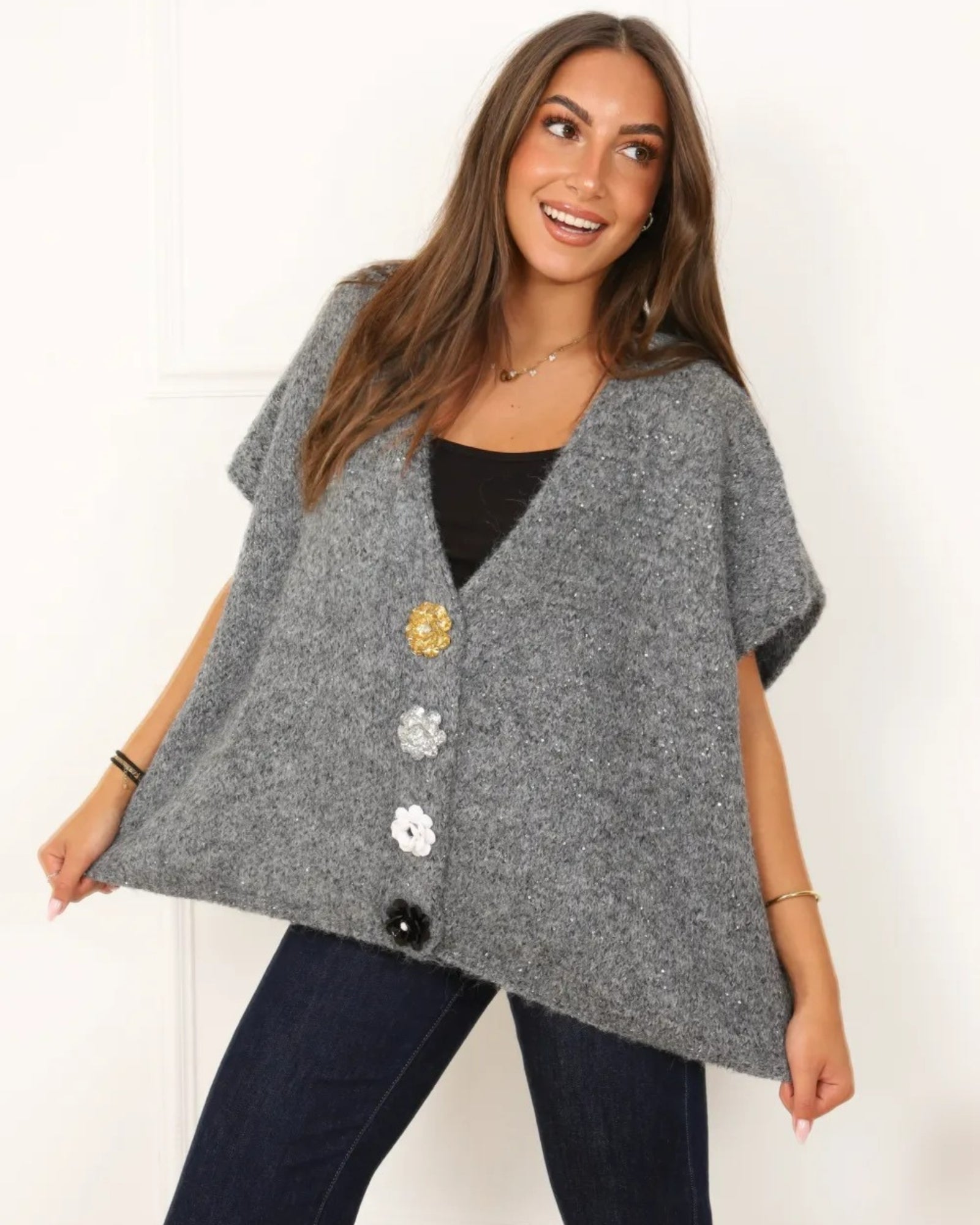 Gilet oversize Lola Flower avec maxi boutons gris
