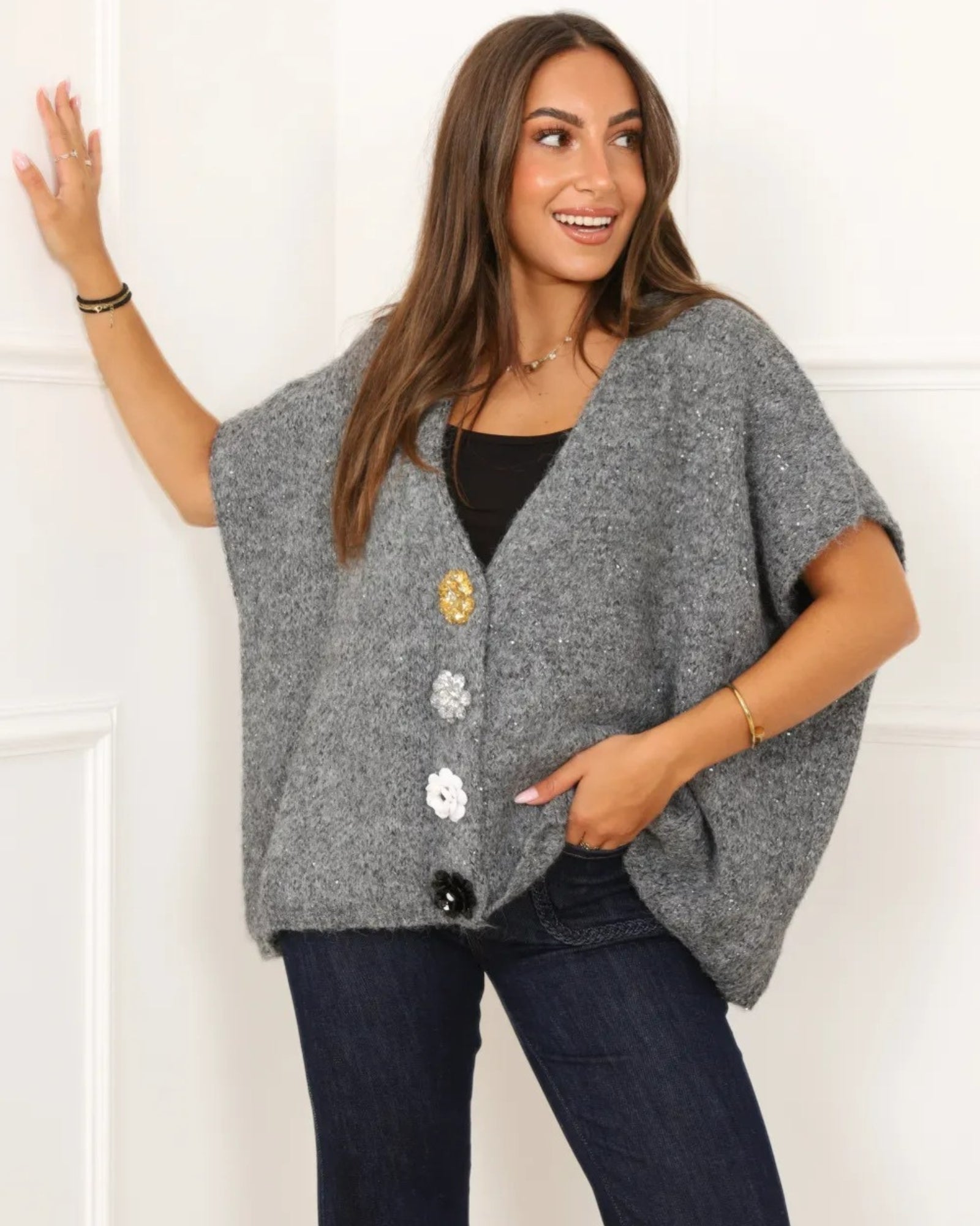 Gilet oversize Lola Flower avec maxi boutons gris