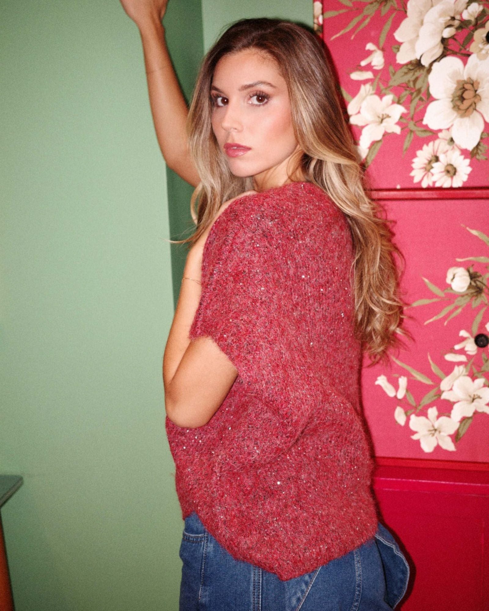 Gilet oversize Lola Flower avec maxi boutons Bordeaux