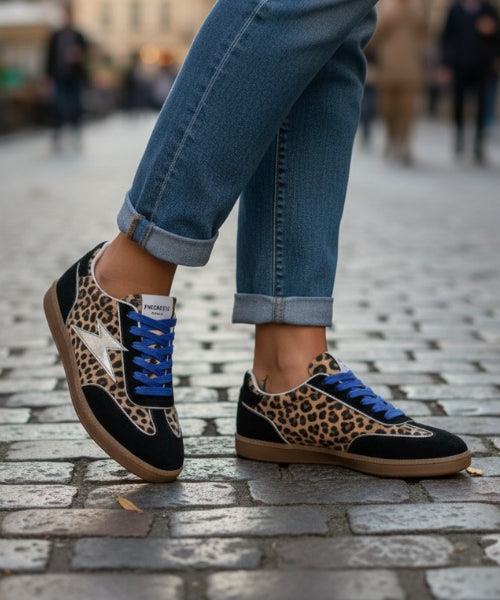 baskets femme léopard, sneakers léopard, baskets tendance femme, baskets bleues femme, baskets confortables femme, baskets urbaines chic, baskets bohème rock, chaussures léopard femme