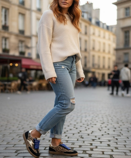 baskets femme léopard, sneakers léopard, baskets tendance femme, baskets bleues femme, baskets confortables femme, baskets urbaines chic, baskets bohème rock, chaussures léopard femme