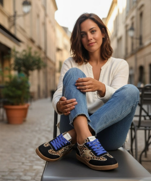 baskets femme léopard, sneakers léopard, baskets tendance femme, baskets bleues femme, baskets confortables femme, baskets urbaines chic, baskets bohème rock, chaussures léopard femme