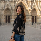 chemisier bohème chic, blouse brodée femme, chemisier noir doré, chemisier manches bouffantes, blouse bohème élégante, chemisier hipboh, blouse fluide automne, look bohème chic