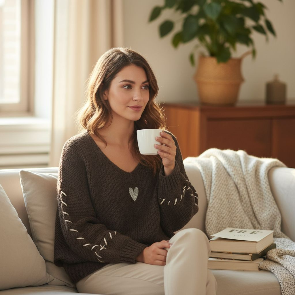 pull bohème femme, pull maille douce, pull cœur brodé, pull oversize femme, pull automne hiver, pull cocooning, pull brun femme, mode bohème chic, Hip’Boh