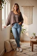 pull bohème femme, pull maille douce, pull cœur brodé, pull oversize femme, pull automne hiver, pull cocooning, pull brun femme, mode bohème chic, Hip’Boh