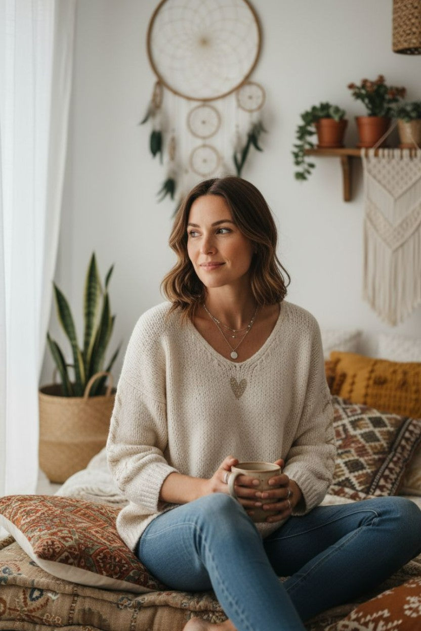 pull bohème femme, pull maille douce, pull cœur brodé, pull oversize femme, pull automne hiver, pull cocooning, pull brun femme, mode bohème chic, Hip’Boh