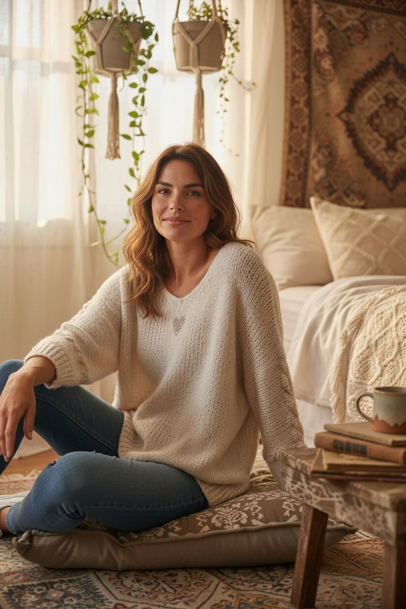 pull bohème femme, pull maille douce, pull cœur brodé, pull oversize femme, pull automne hiver, pull cocooning, pull brun femme, mode bohème chic, Hip’Boh