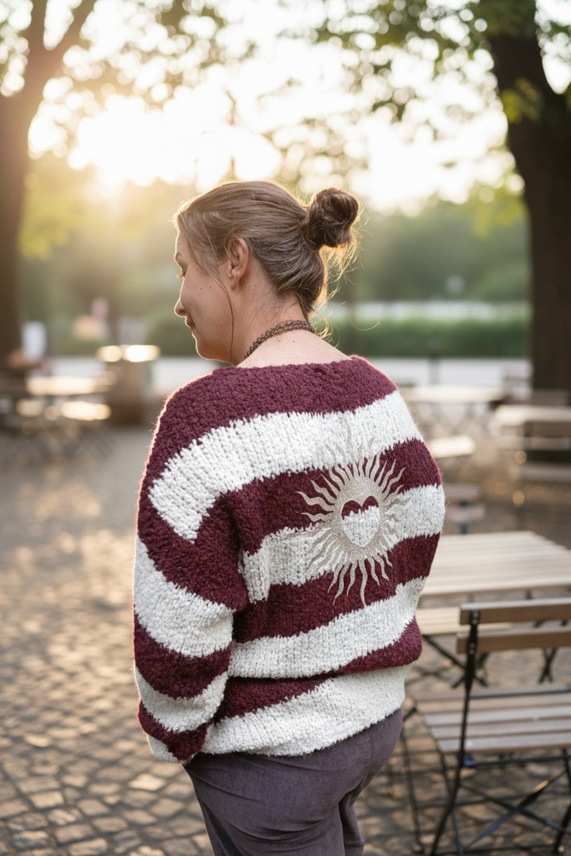 pull femme, pull rayé bohème, pull doux hiver, pull oversize femme, pull cocooning, pull bordeaux femme, pull marron, mode bohème chic, HipBoh, pull tricoté femme