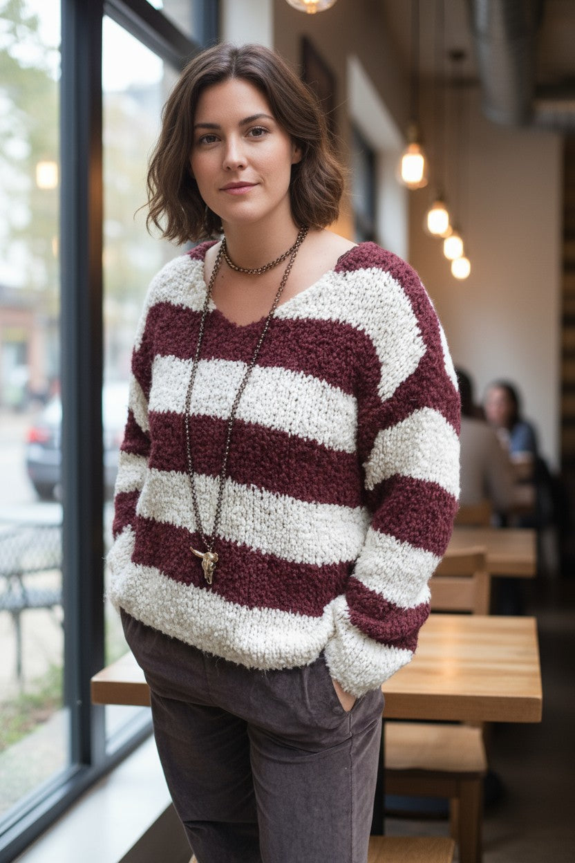 pull femme, pull rayé bohème, pull doux hiver, pull oversize femme, pull cocooning, pull bordeaux femme, pull marron, mode bohème chic, HipBoh, pull tricoté femme