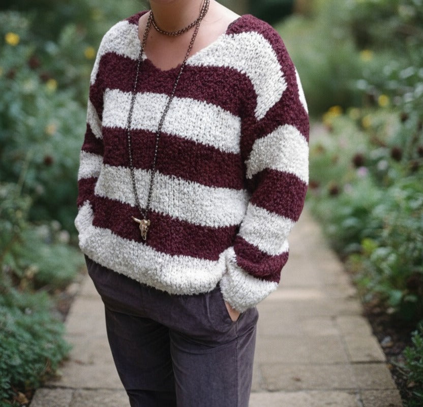 pull femme, pull rayé bohème, pull doux hiver, pull oversize femme, pull cocooning, pull bordeaux femme, pull marron, mode bohème chic, HipBoh, pull tricoté femme