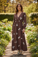 robe longue bohème, robe cache-cœur, robe imprimé feuilles, robe fluide femme, robe bohème chic, robe Hip’Boh, robe Marisol