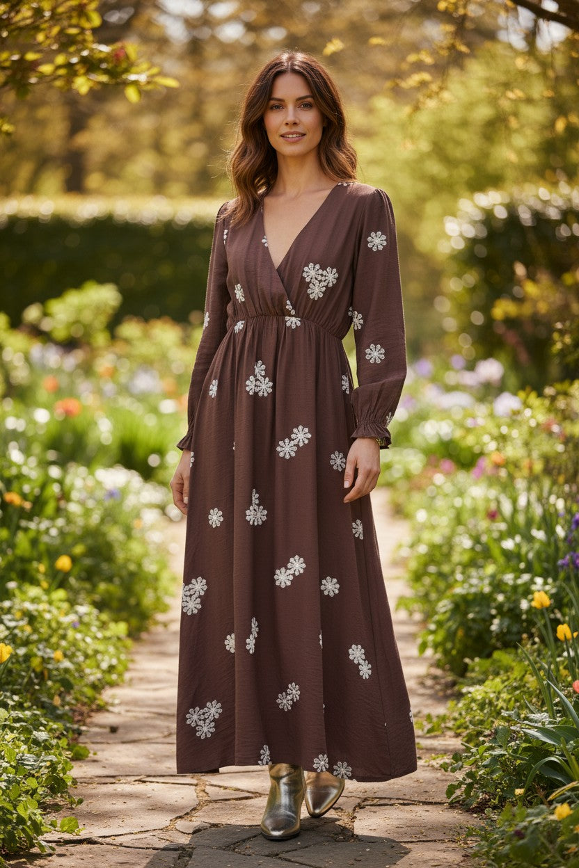 robe longue bohème, robe cache-cœur, robe imprimé feuilles, robe fluide femme, robe bohème chic, robe Hip’Boh, robe Marisol