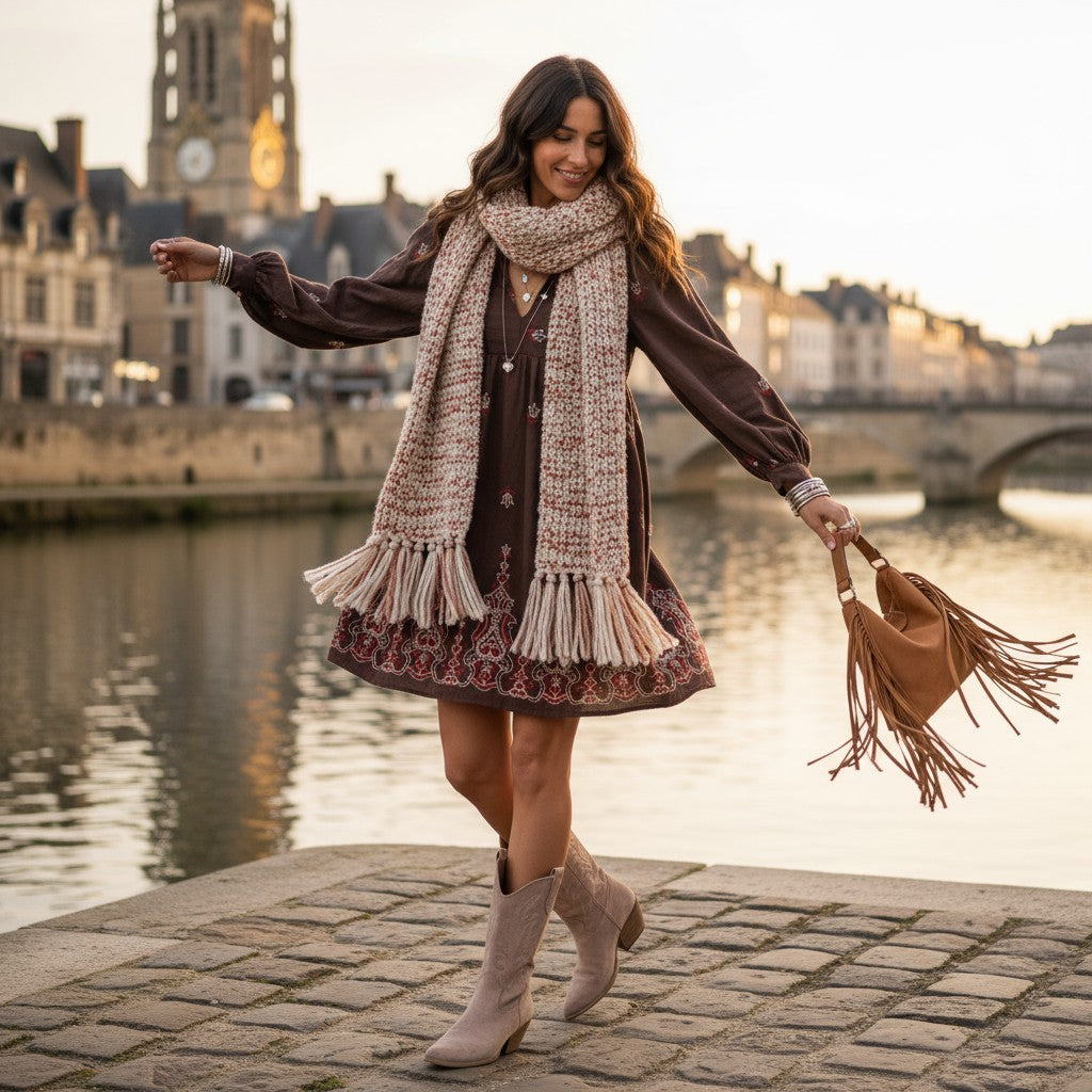 robe bohème chic, robe brodée femme, robe fluide automne, robe chocolat, robe bohème courte, robe bohème avec manches, robe hipboh, style bohème féminin