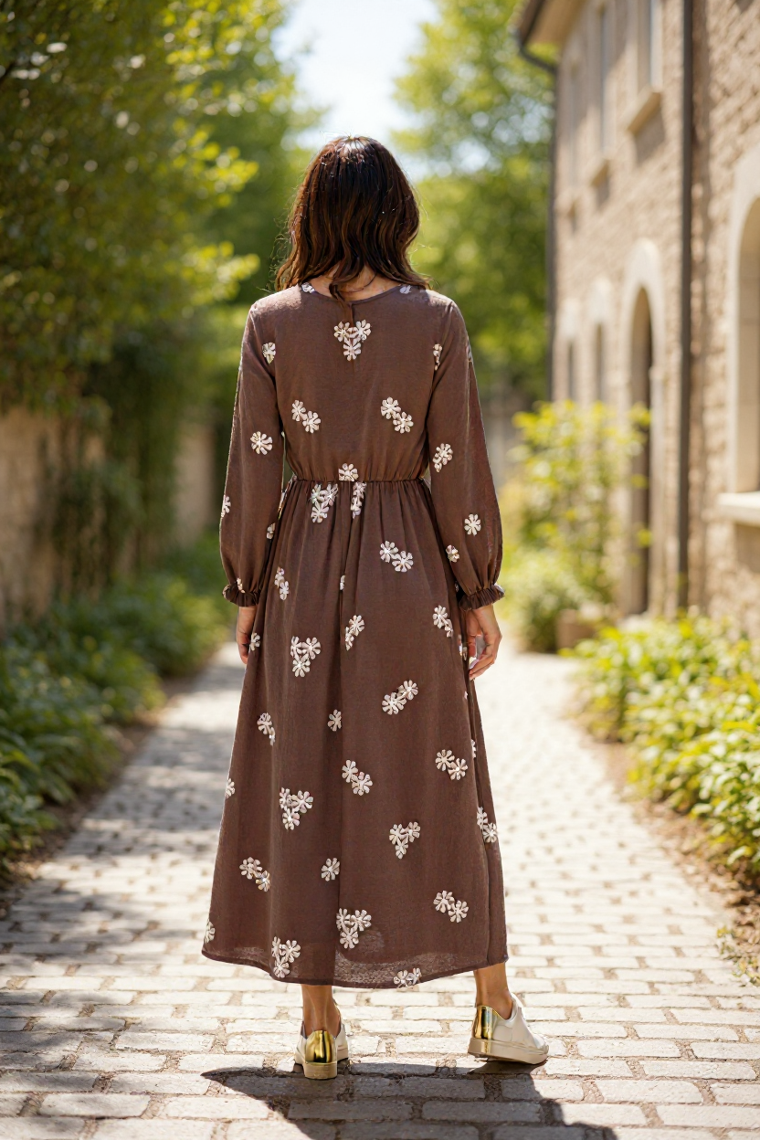 robe longue bohème, robe cache-cœur, robe imprimé feuilles, robe fluide femme, robe bohème chic, robe Hip’Boh, robe Marisol