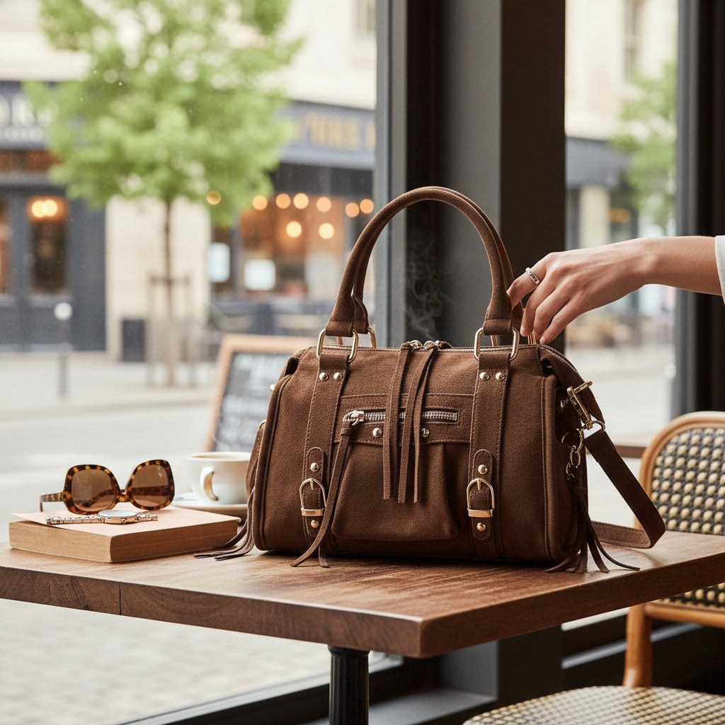 sac bohème chic, sac à main camel, sac femme tendance, sac hip boh, sac suédine doré, sac bandoulière bohème, sac de ville femme, mode bohème femme