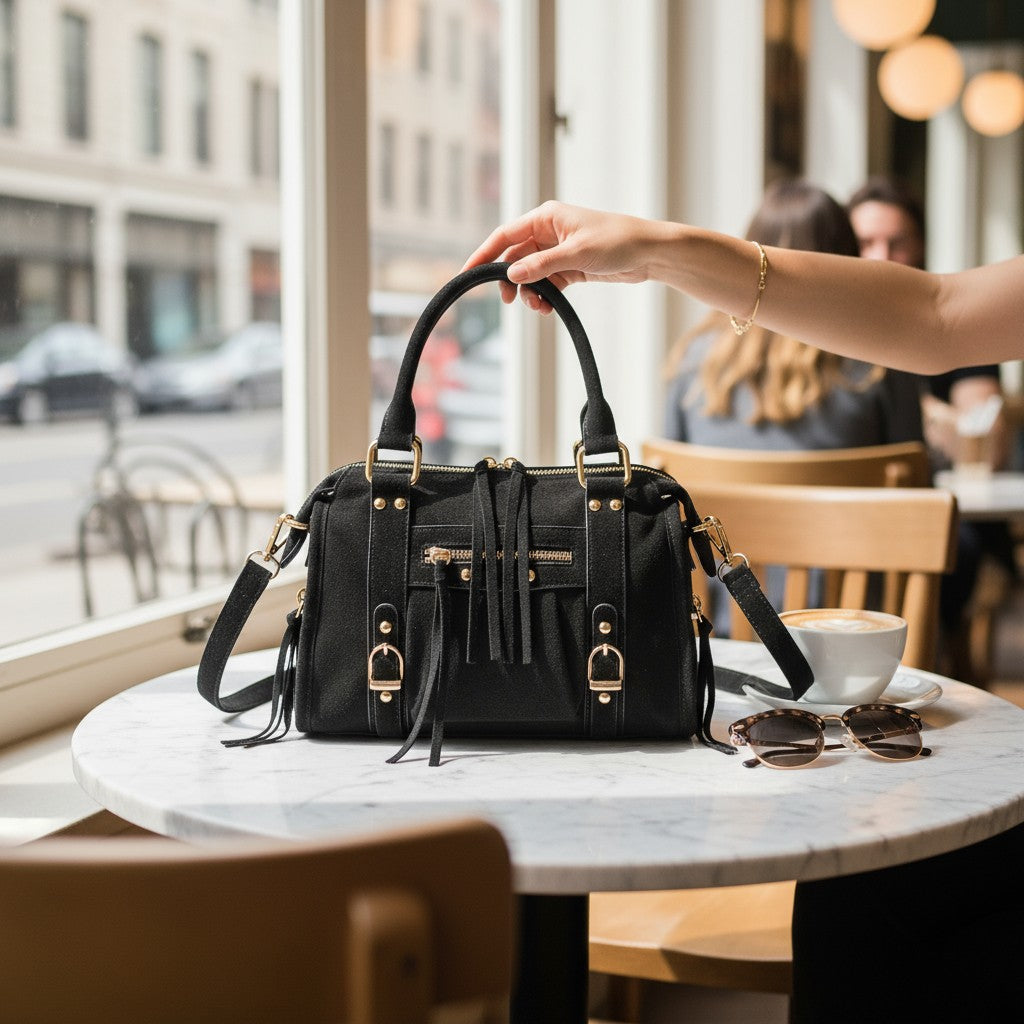 sac bohème chic, sac à main noir, sac femme tendance, sac hip boh, sac suédine doré, sac bandoulière bohème, sac de ville femme, mode bohème femme