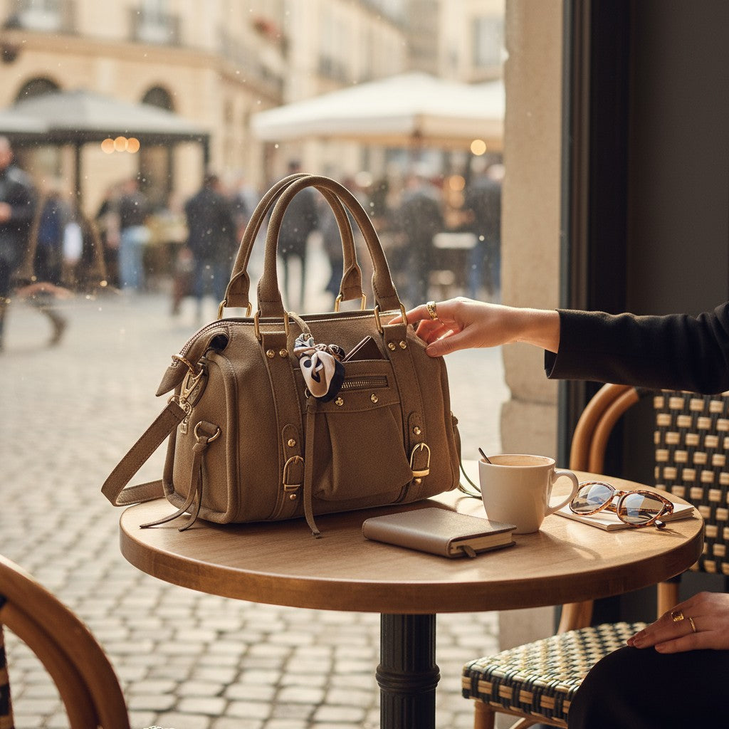 sac bohème chic, sac à main taupe, sac femme tendance, sac hip boh, sac suédine doré, sac bandoulière bohème, sac de ville femme, mode bohème femme
