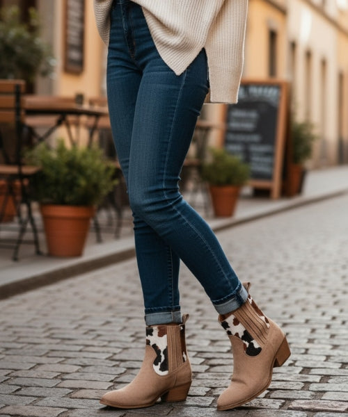 santiags femme, bottines western, bottes cowboy femme, santiags camel, bottines bohèmes, chaussures cowgirl, look bohème chic, chaussures HipBoh, santiags imprimé vachette, bottes suédine femme