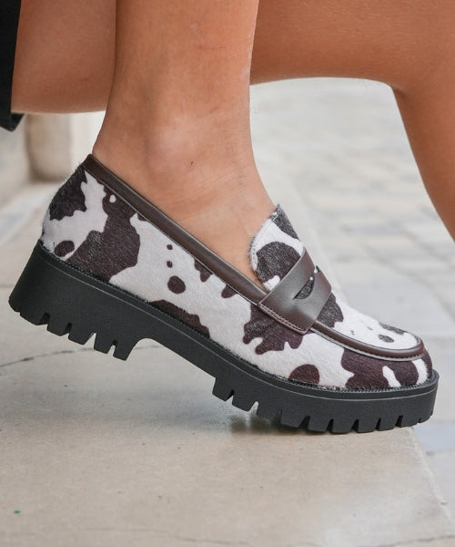 Mocassin Country Cow motif vache et semelle épaisse
