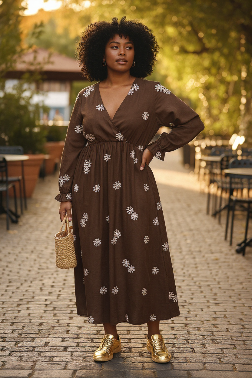 robe longue bohème, robe cache-cœur, robe imprimé feuilles, robe fluide femme, robe bohème chic, robe Hip’Boh, robe Marisol